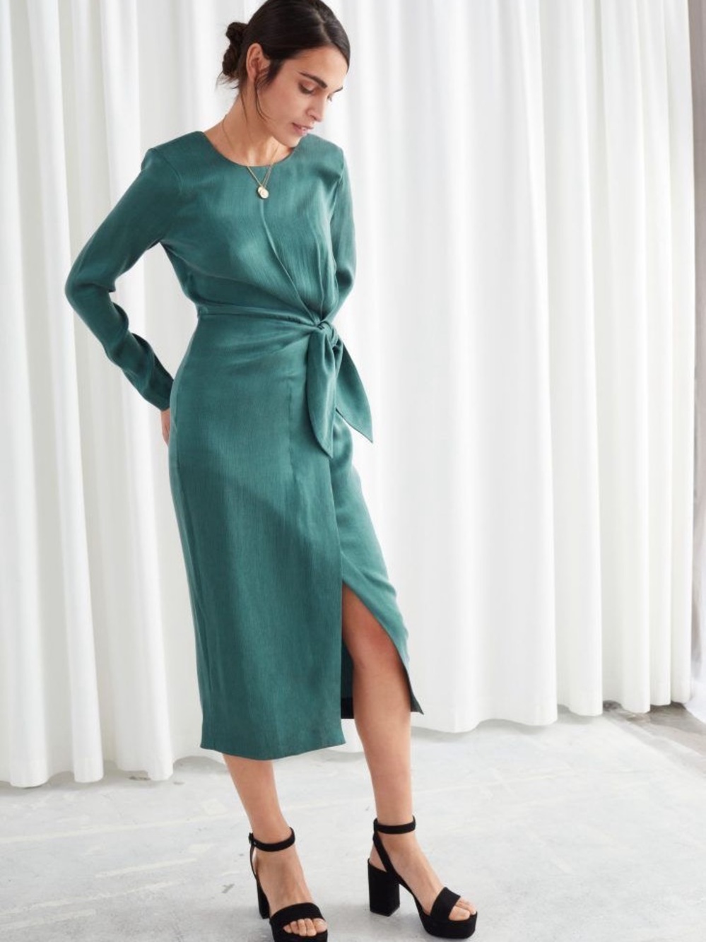 & Other Stories Emerald Green Long Sleeve Midi Dress